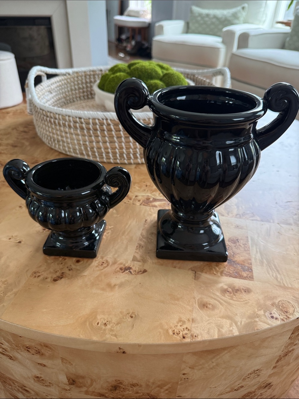 Set of Vintage Black Ceramic Art Deco Trophy Style Vases 8" & 4.5”